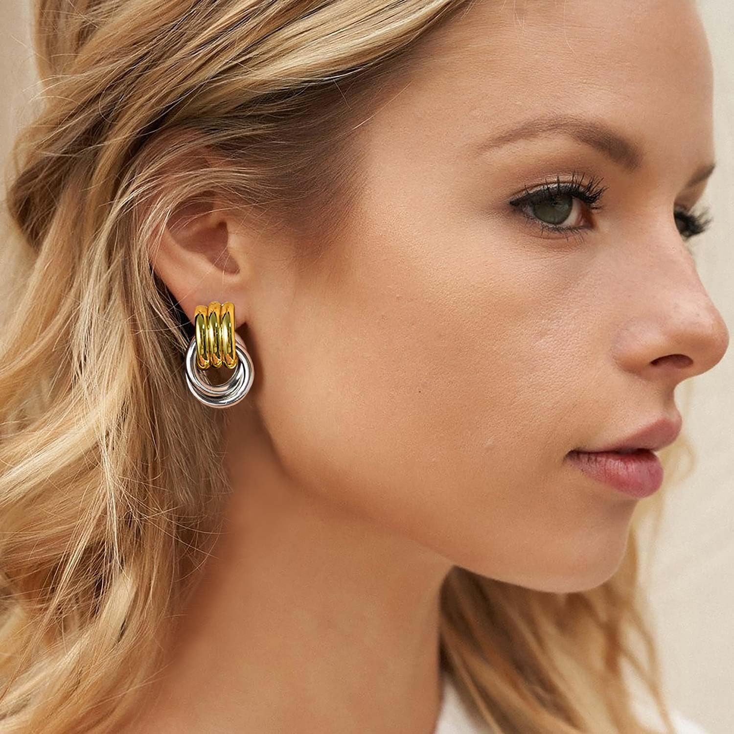 Two Tone Drop Dangle Earrings - Gold Silver Plated Hoop Huggie Earrings for Women - Trendy Jewelry - Image 9