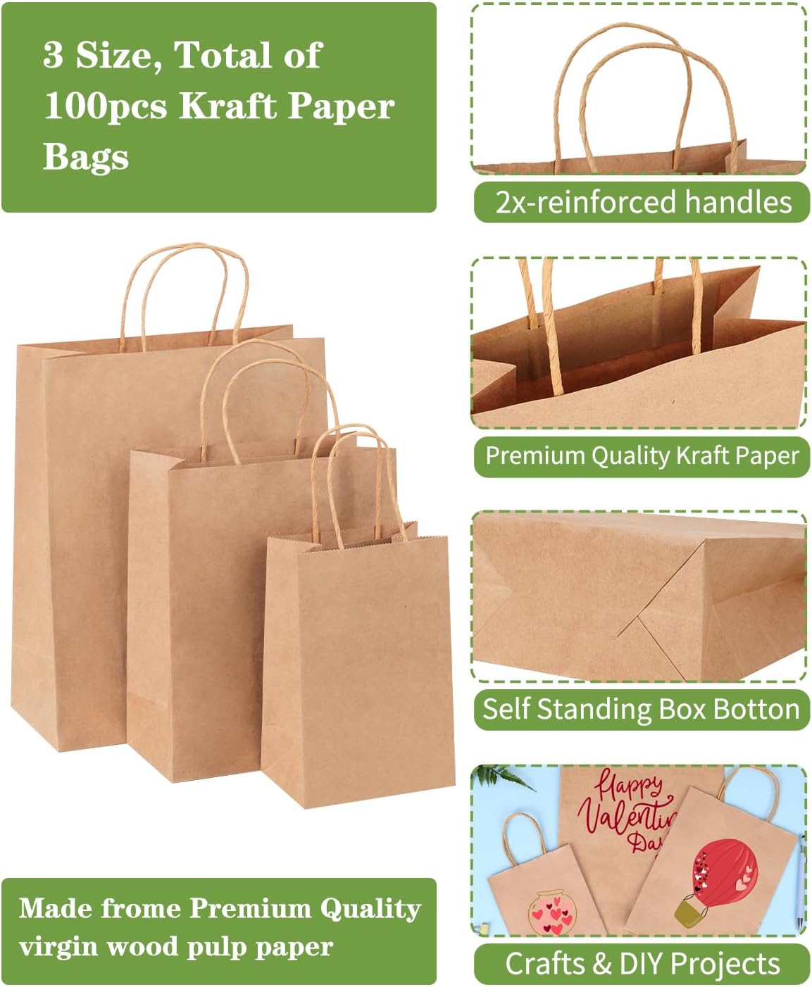 OUTUXED 100pc Brown Paper Bags with Handles Bulk Brown Gift Bags - Assorted Sizes for Party, Retail & Business Use, Birthday,Weeding, Baby Shower - Image 3