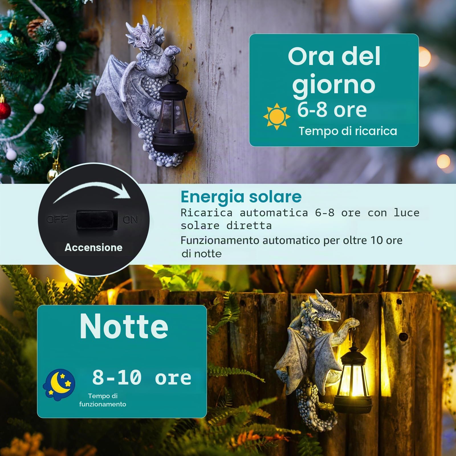 Yeomoo Figure di drago con lampade solari, tronco d'albero, decorazione da giardino per esterni