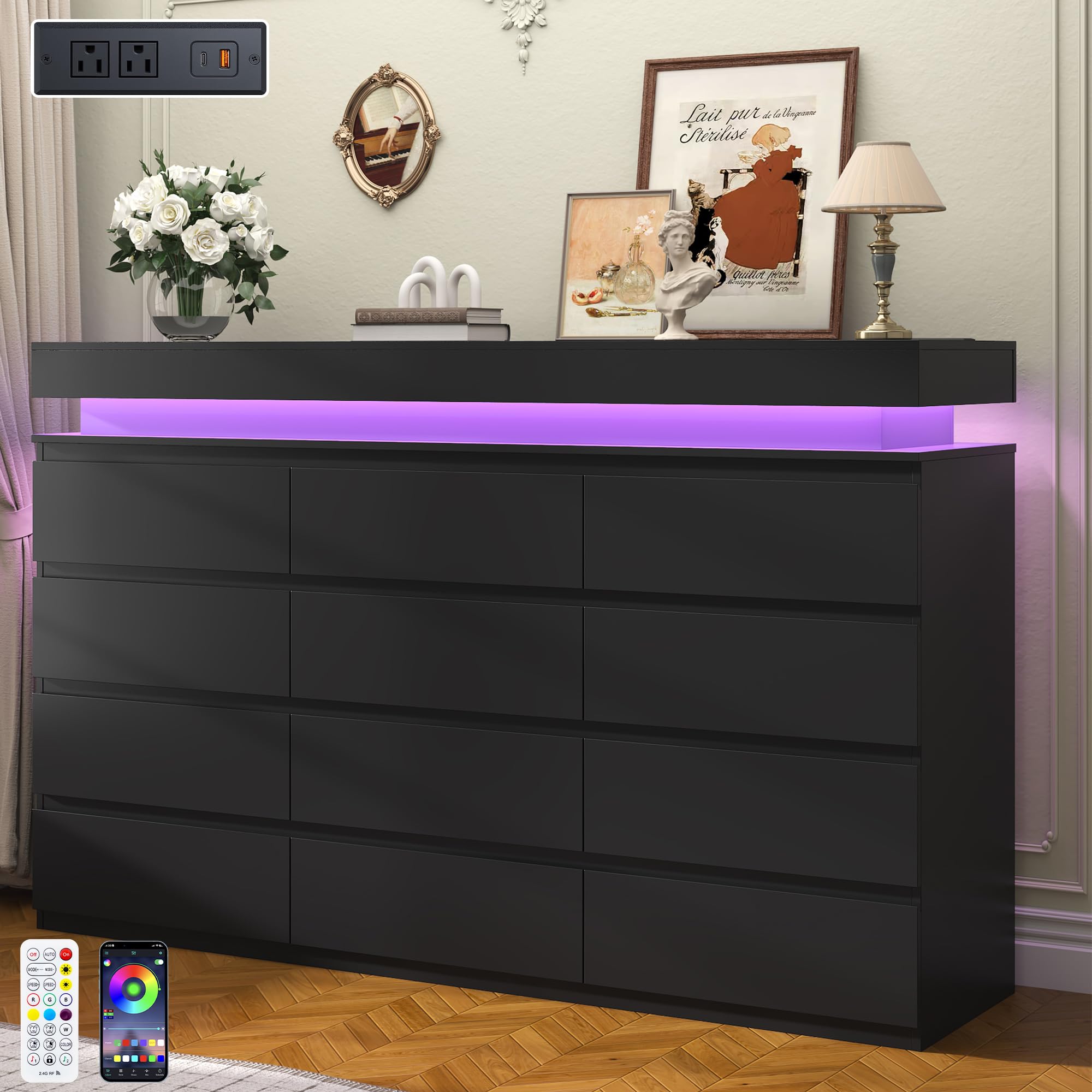 chartustriable 70 Inch Tall 12 Drawer Dresser with LED Lights and Charging Station in Black