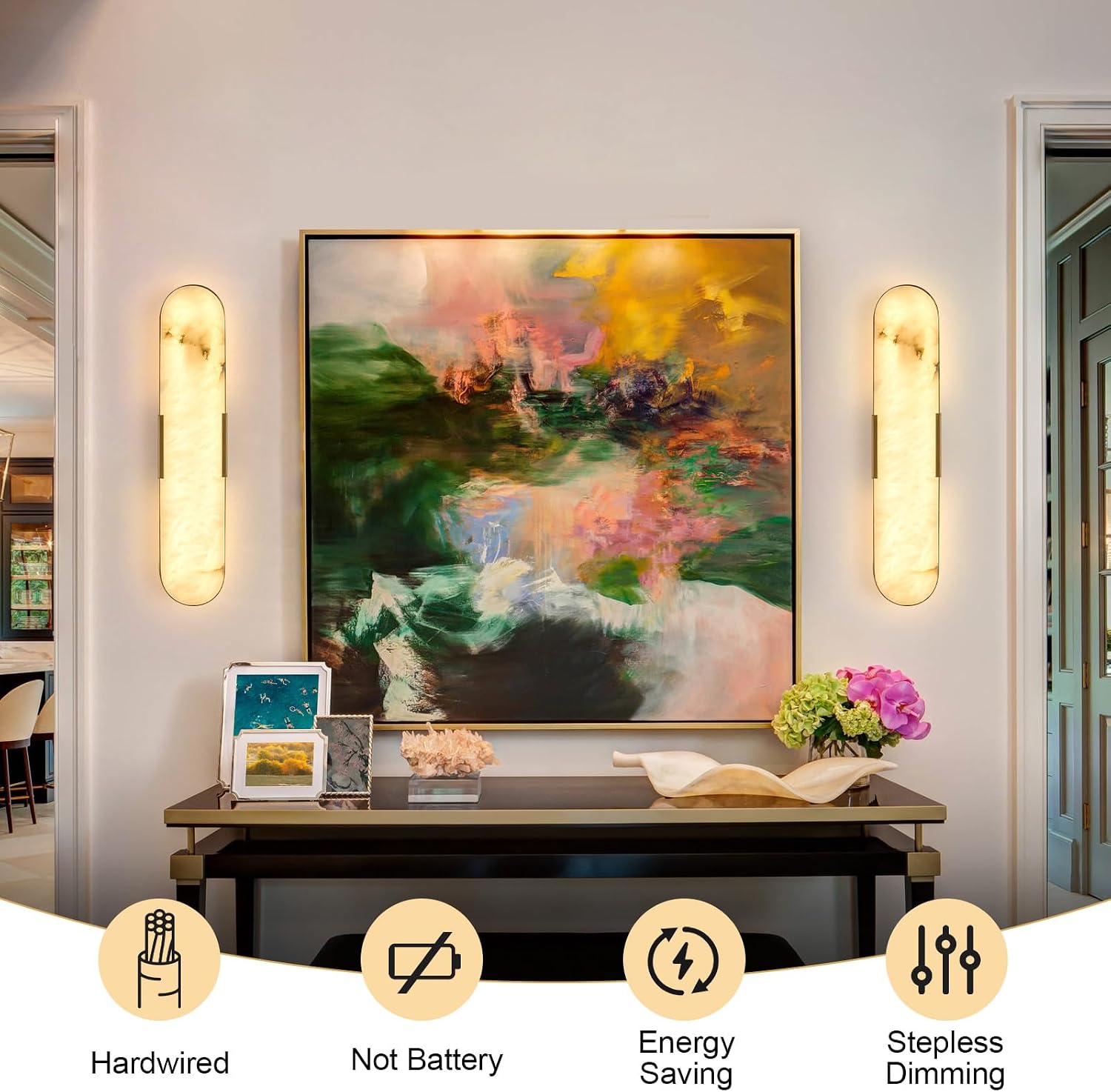 20" Gold Alabaster Wall Sconce, Brass Vintage Natural Marble Wall Light, LED Tunable 3000K-6000K Vanity Wall Lamp Fixture for Bathroom Bedroom Hallway Living Room