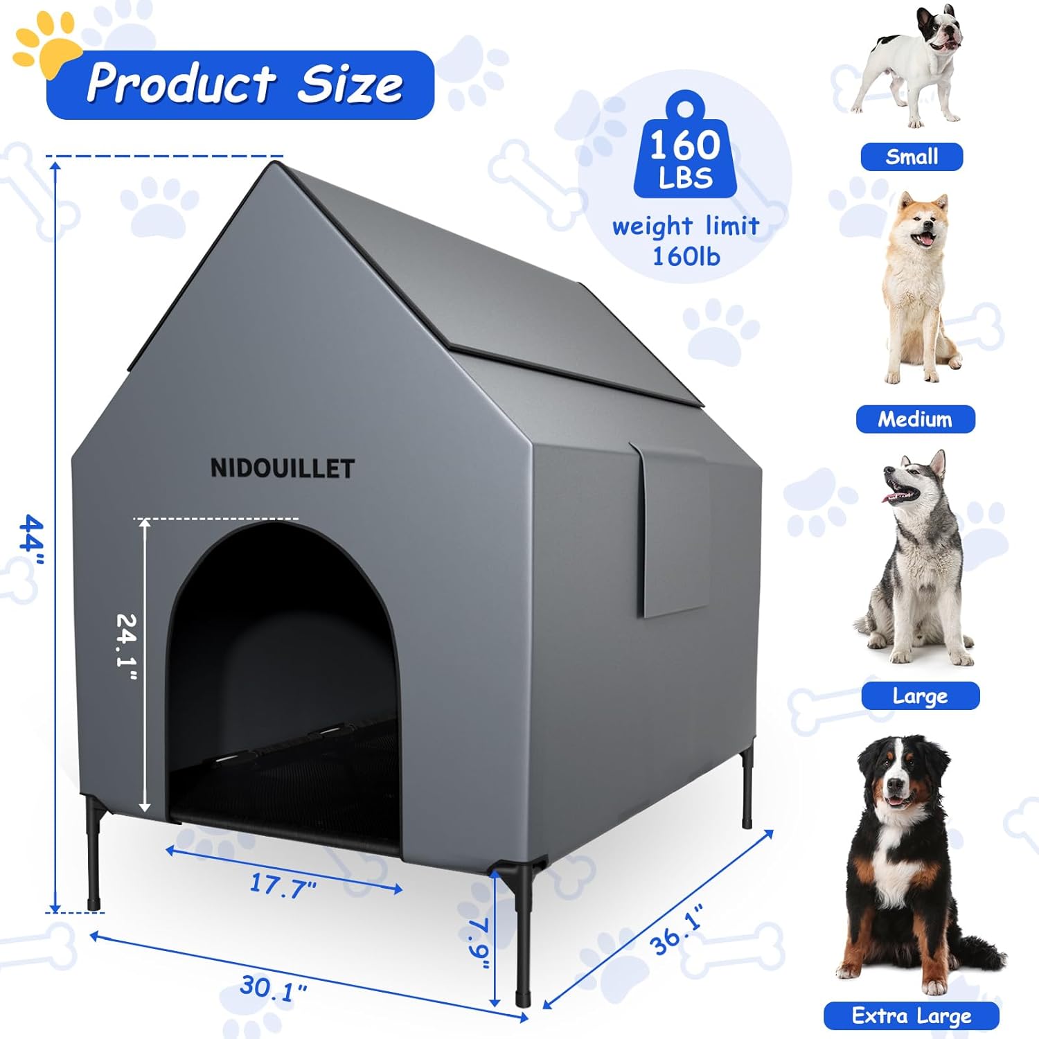 36" Dog House for Outdoor Indoor, Large Dog Houses Weatherproof 600D PVC with 7.9" H Textilene Elevated Dog Bed Breathable, Easy to Clean, Dog House Max 160lbs