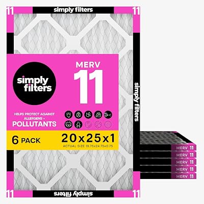 Simply 20x25x1 Air Filter, Merv 11, 6 Pack, For Home AC Furnace & HVAC (Actual Size: 19.75"x24.75"x0.75") DUST, Pet, & Allergy Control, 20x25x1