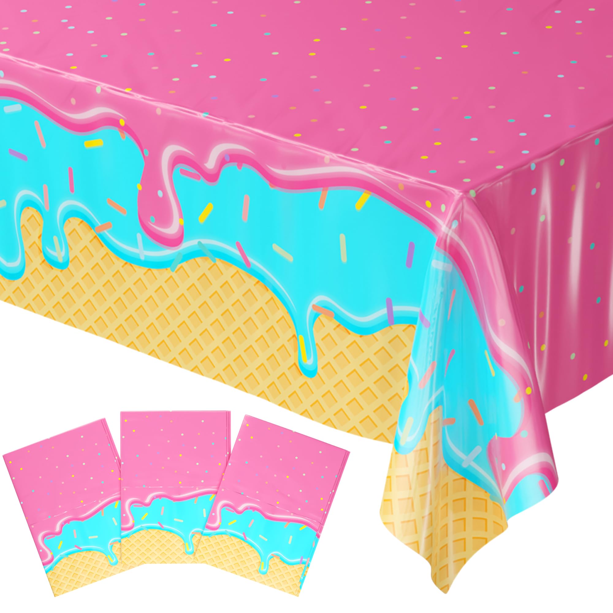 Blue Orchards Ice Cream Table Cover (Pack of 3) - 54"x108" XL - Disposable Plastic Tablecloth, Sweet Treats Sundae Theme Party Decorations, Summer Pool Birthday, Baby Shower Decor, Dessert Backdrop