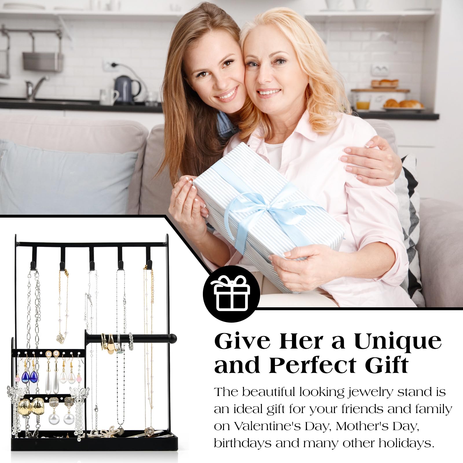 Présentoir à bijoux à 3 niveaux pour boucles d'oreilles, colliers, bracelets, petite tour de rangement esthétique (noir)
