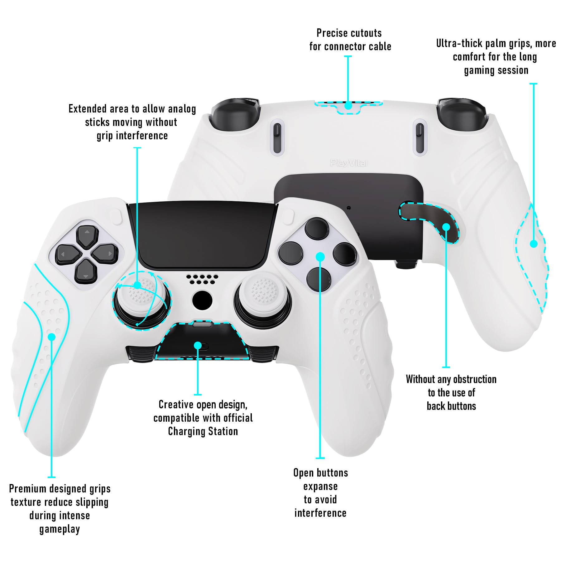 PlayVital Skórki do ps5 Edge Controller,Miękka Silikonowe Ochronne do ps5 Edge,Ergonomiczne Obudowy do ps5 z Nakładkami Kciuki-Biały(Guardian Edition)