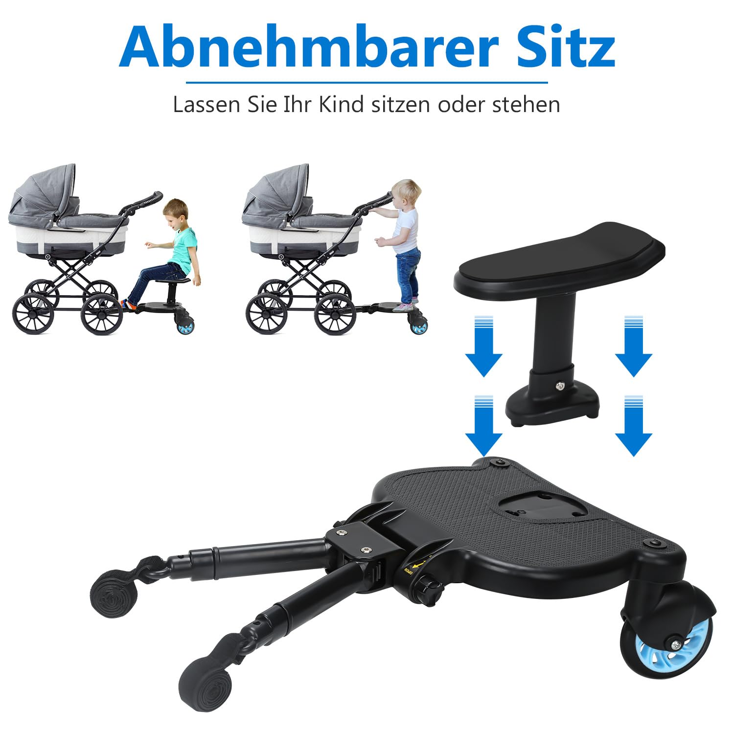 Kiddy Board per passeggino con sedile, pedana universale con sedile rimovibile, doppia ruota a 360 gradi, regolabile, fino a 25 kg, rosa