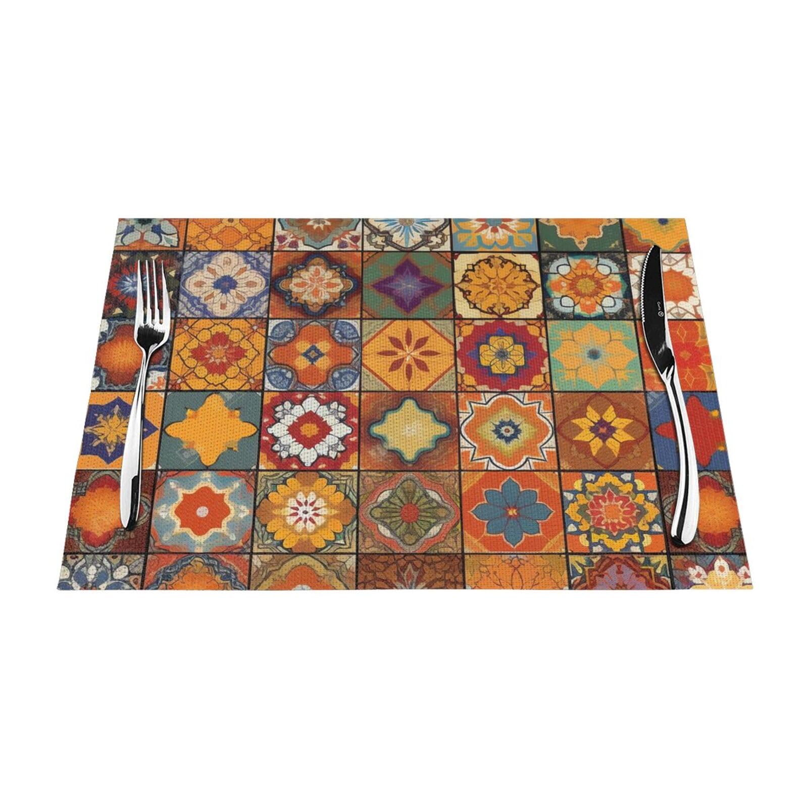 Group of Moroccan Geometric Placemats Set of 1 - Woven Vinyl Kitchen Table Placemats - Heat Resistant Non-Slip Place Mats for Dining Table, Washable Indoor Outdoor Table Mats 12x18 Inch
