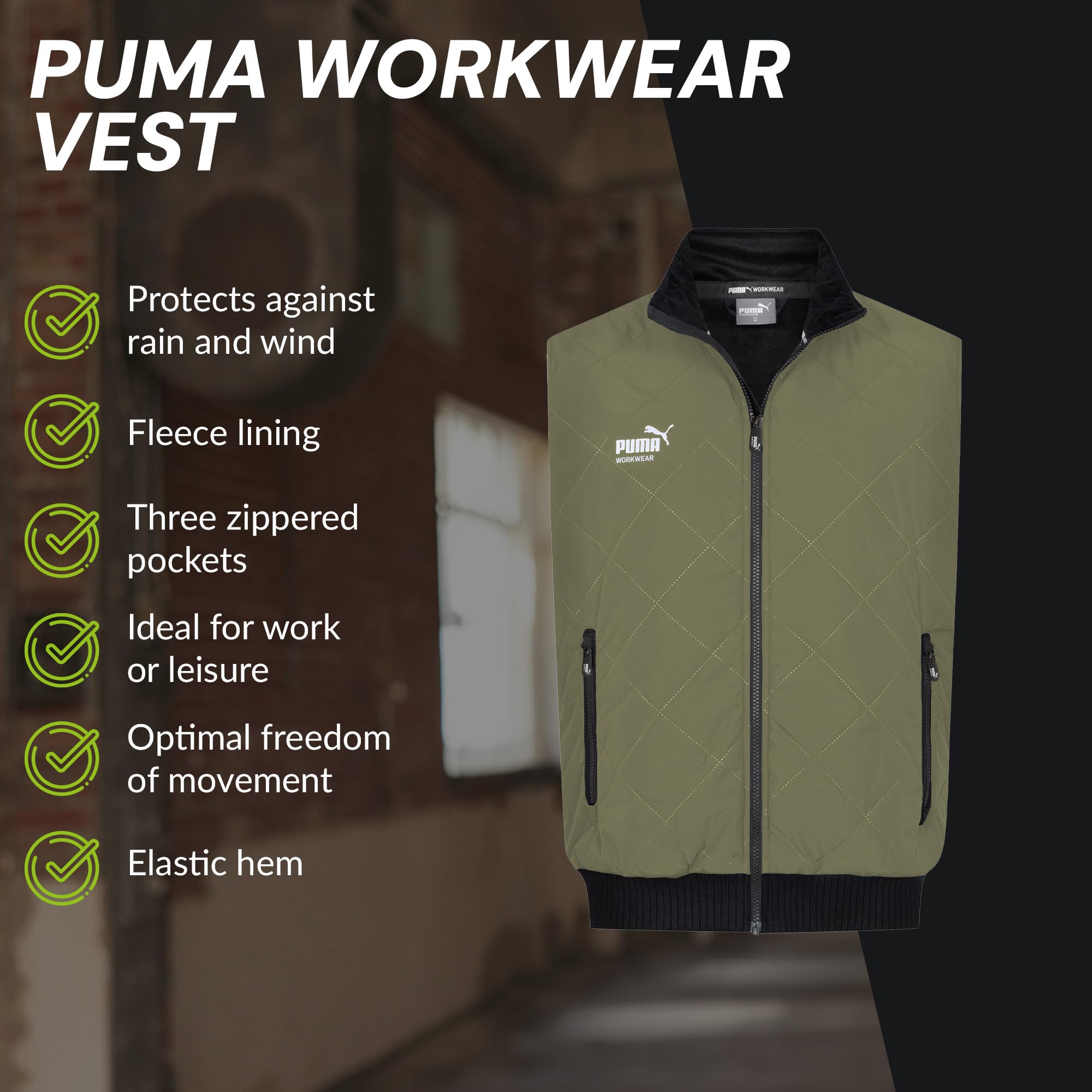 PUMA Workwear - Chaleco de invierno para hombre, forro cálido, resistente al agua y al viento, chaleco de trabajo con bolsillos y forro polar, bolsillo interior, material exterior robusto para trabajo