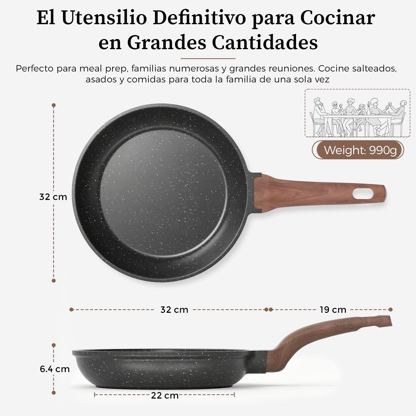 YASHE Sartén antiadherente 32 cm, atóxica, sin PTFE ni PFAS | Sin PFOA, Ideal para Salteados y Comidas Familiares, Apta para Todo Tipo de Fuegos