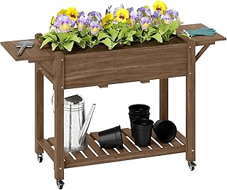 Outsunny Raised Garden Bed, Wooden Elevated Planter Box with Lockable Wheels, Side Tables and Bottom Shelf, Outdoor Planter with Liner and Drainage Holes for Vegetables, Flowers, Fruits, Carbonised