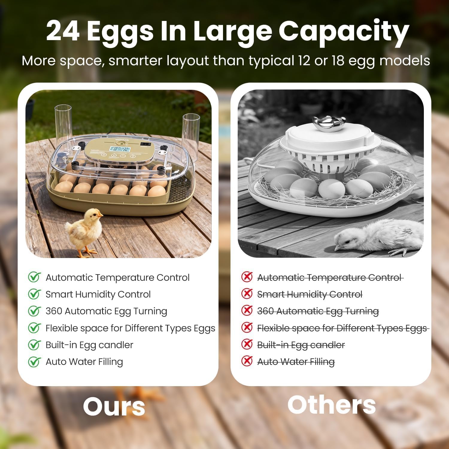 Incubateur pour éclosion de 24 œufs, retourneur Automatique d'œufs et Nouveau système de contrôle Automatique de l'humidité, Vision Claire à 360° pour Poulet, Canard et caille