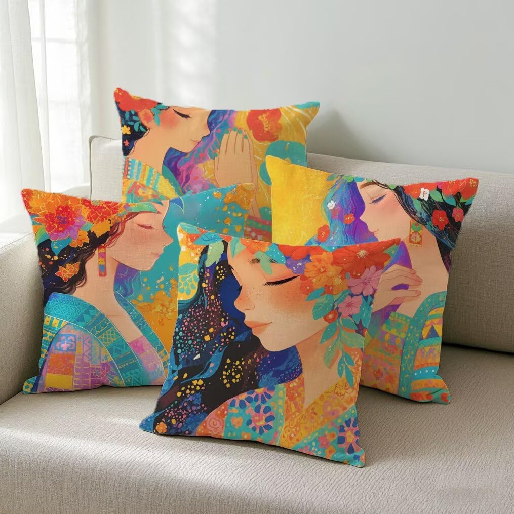 Fundas de Cojines Exterior Impermeable de Lino Fundas de Almohada Sofa Lindo, Juego de 4 Cuadrados Funda Cojin Princesa Decorativas para Jardín, Patio, Oficina, Terraza y Sala de Estar, 40x40 cm Ym294