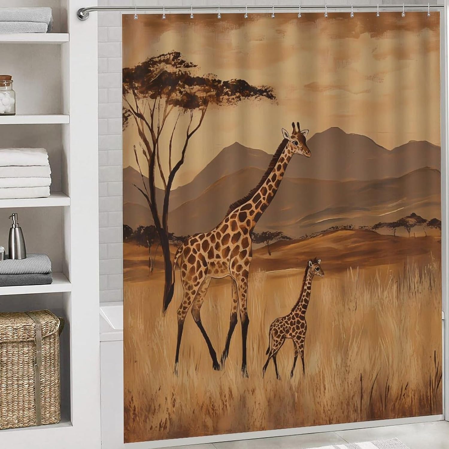 Giraffes in an African Modern Bathroom Sets with Shower Curtain and Rugs Decor 4 Pcs with 12 Hooks