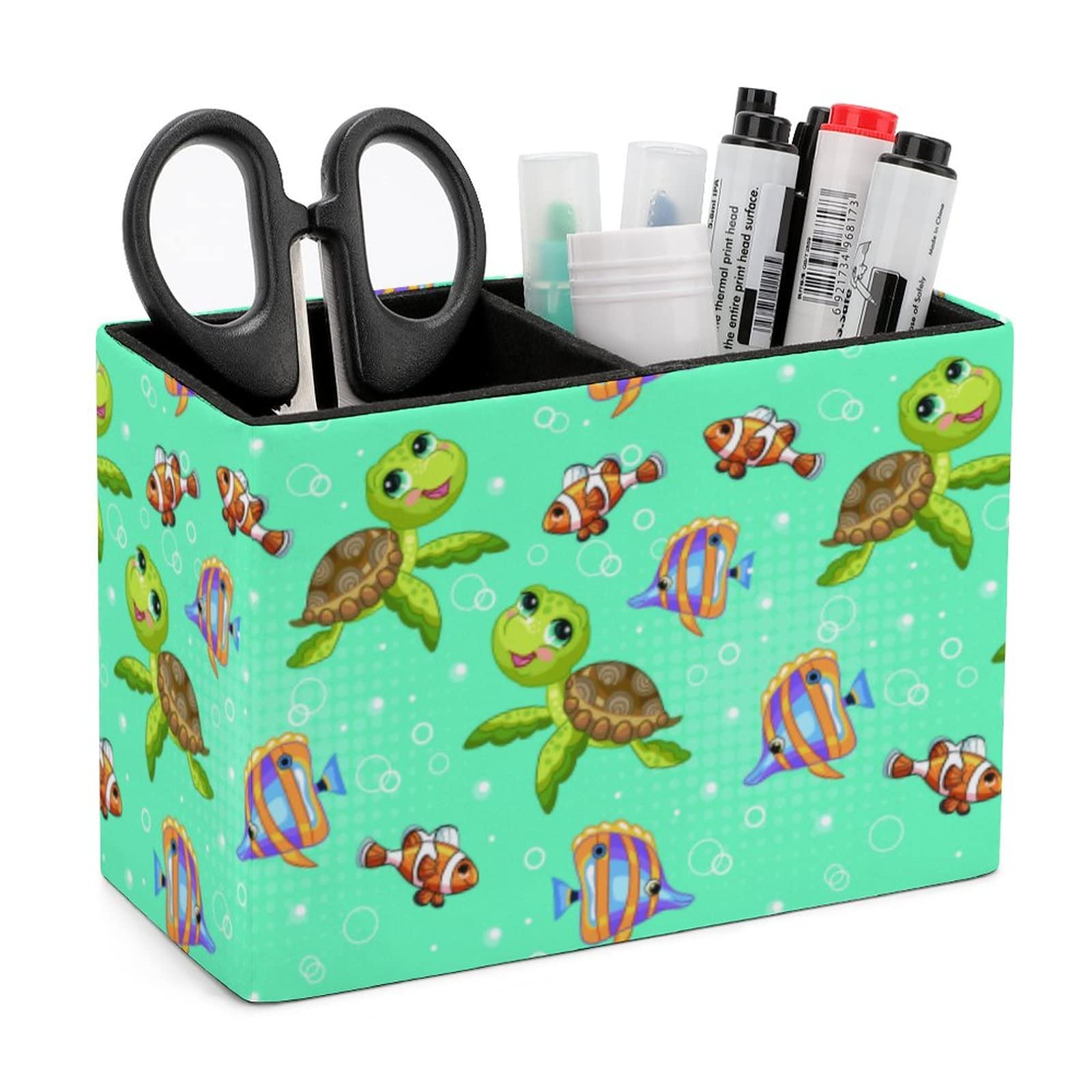 Pencil Holder for Desk, Tropical Fish And Turtle Pen Holder Storage Desktop Pen Organizer Desk Pencil Organizer Makeup Brush Holder for Office School College Leather — image 1