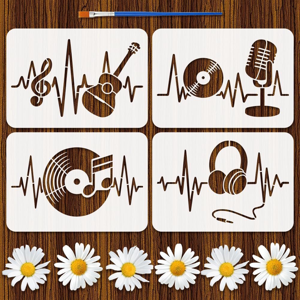 FINGERINSPIRE 4PCS Musical Stencils 11.7x8.3 Inch Music Heartbeat Stencils Guitar Headphone Pattern Drawing Templates with a Brush for Fabric Painting Wood Decor DIY Home Crafting
