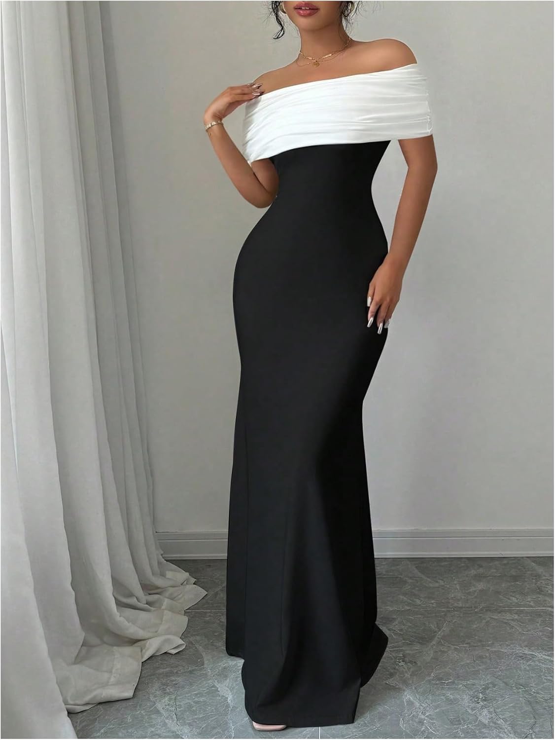 GORGLITTER Women's Off Shoulder Bodycon Maxi Dress Backless Color Block Party Graduation Going Out Long Dresses - Image 5