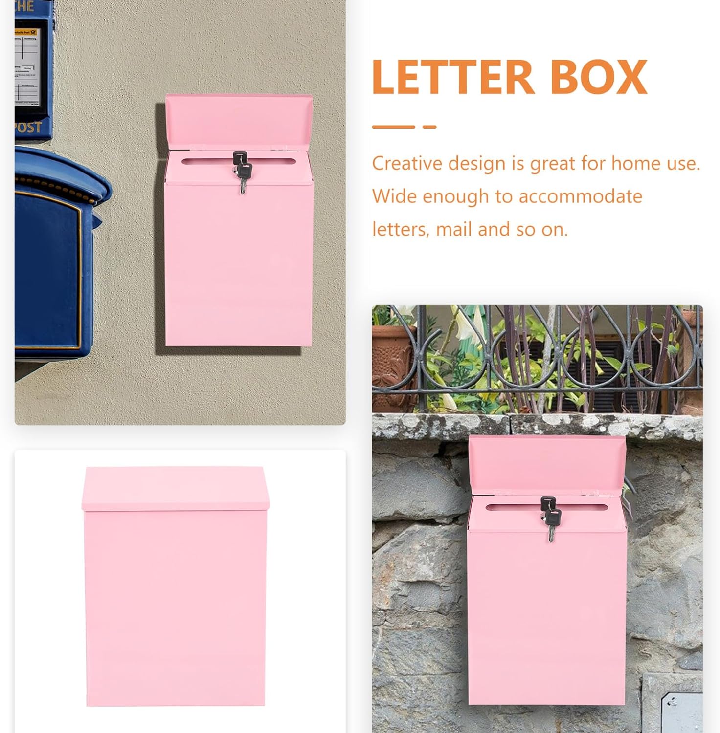 Cabilock Wall-Mounted Iron Mailbox with Lock, Household Drop Box, Multi-Function Letter Supply, Pink Rustic Style, Reliable Mail Accessory for Indoor and Outdoor Use