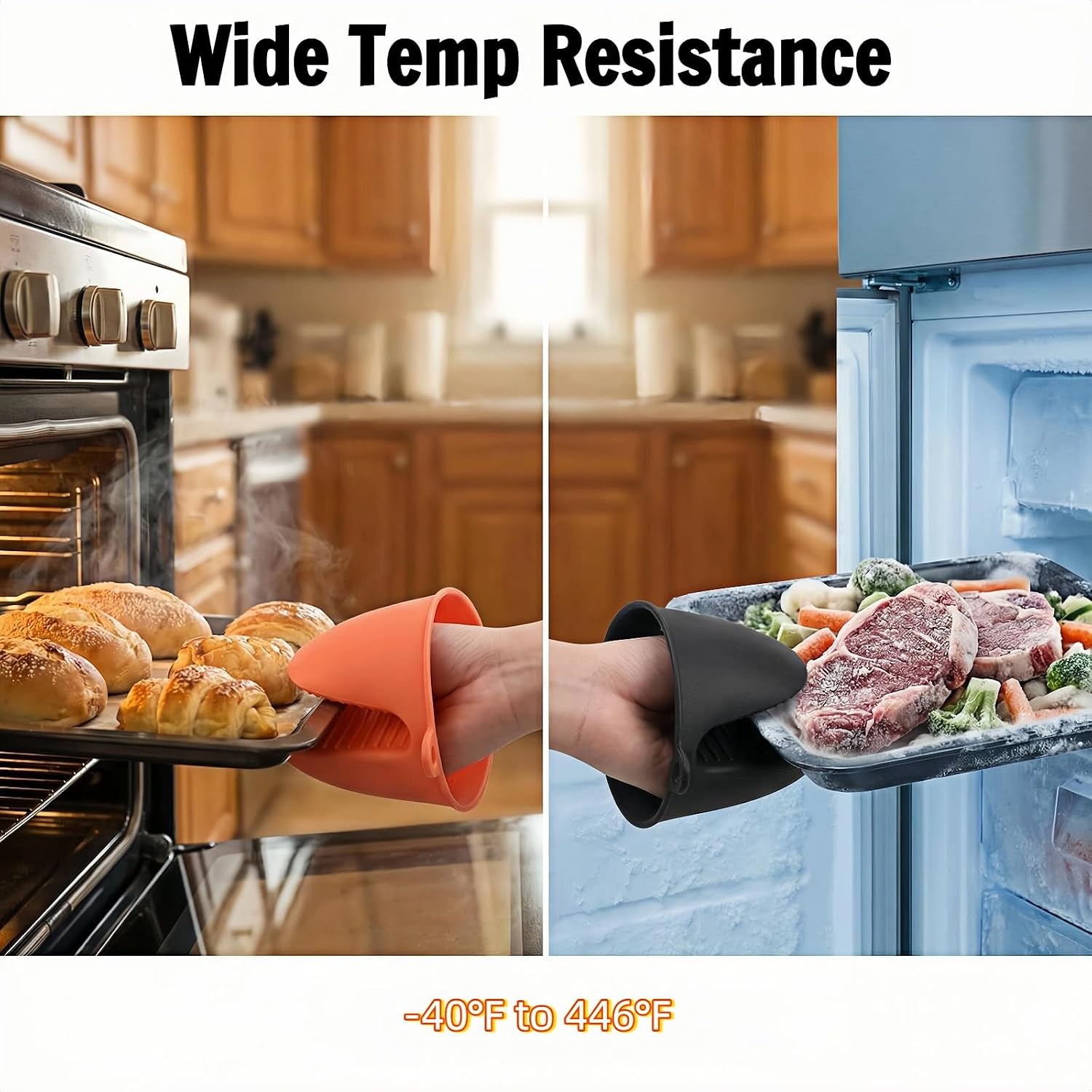 Mini Silicone Oven Mitts 2 Pair - Heat Resistant 446°F Non-Slip Pinch Gloves, Food Grade Finger Protectors for Cooking Baking BBQ, Small Potholders for Kitchen Air Fryer Grilling, Black & Orange