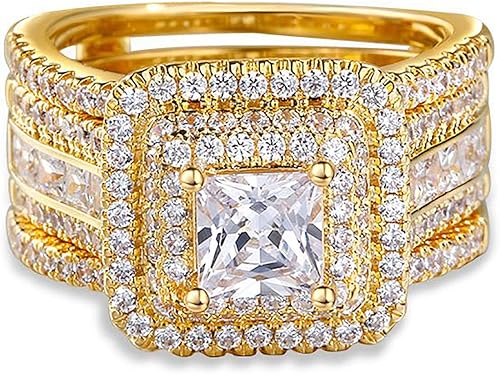 Jeulia Juego de 3 anillos potenciadores para mujer, plata de ley 925, anillos de compromiso de diamantes de corte princesa, circonita cúbica, halo,