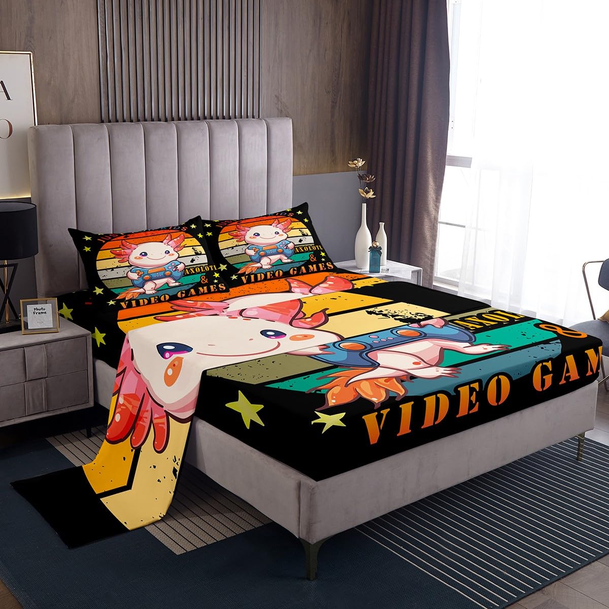 Gamer Sheet Set Axolotl Bed Sheets Twin, Video Games Gaming Fitted Sheet For Kids Boys Girls Teens, Rainbow Bedding Set, Cute Wildlife Animal Flat