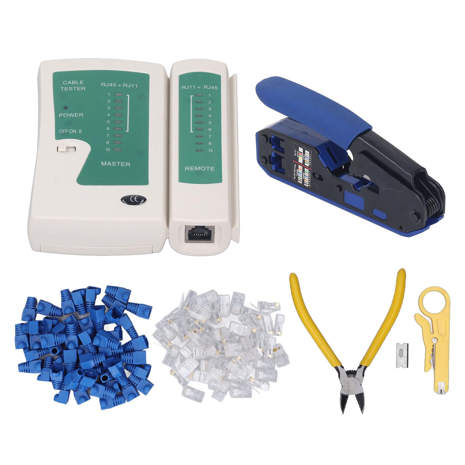 Kit d'outils de sertissage RJ45, ensemble d'outils de sertissage avec testeur de câble réseau, tête de cristal 8P8C pour connecteur Cat5 Cat6, comprend une pince à dénuder, un