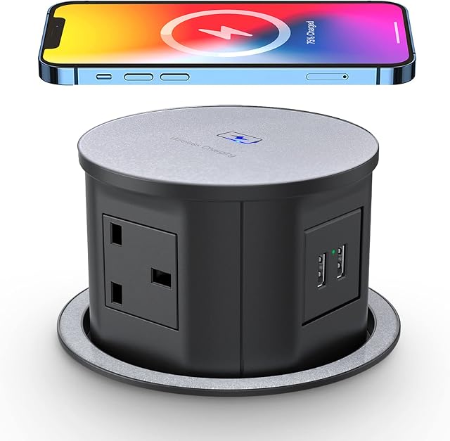Automatic Pop up Power Outlet with 15W Wireless Charger,Pop up Plug Socket Safe,Tower Extension Lead,4.7'' Hole Pop Up Counter Outlet with 4 Way Outlets,2 USB Slots,Surge Protection Pop Out Outlet