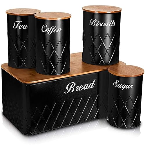 Black Tea Coffee Sugar Bread Bin Set Vintage Styled
