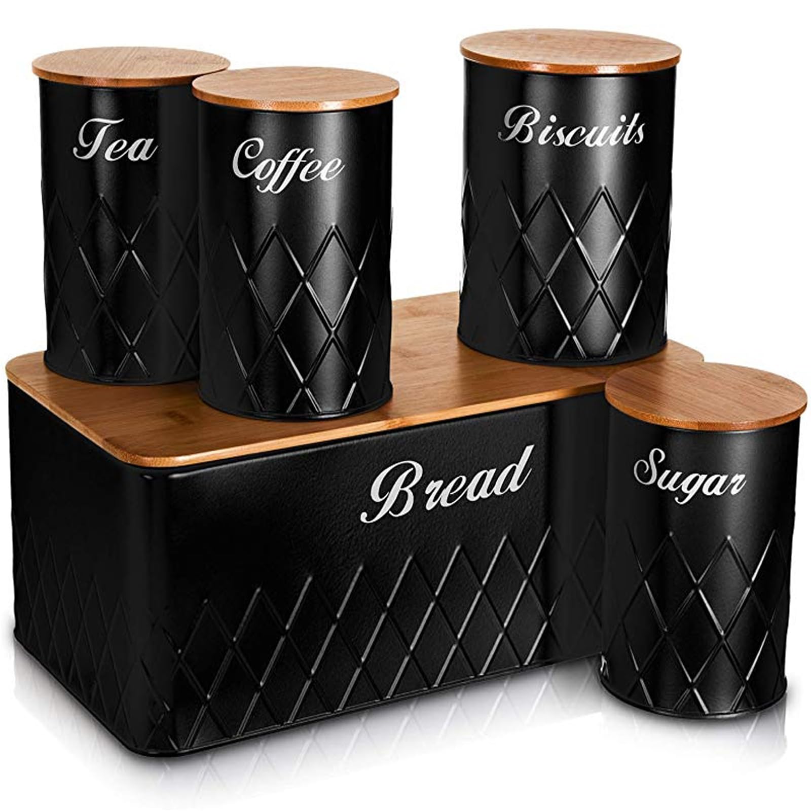 5pc Kitchen Storage Bamboo Lid Set Includes Tea, Coffee, Sugar, Bread and Biscuit Barrel Canister Jar & Stylish Bread Bin - Diamond Embossed Design Matt Finish (BLACK)