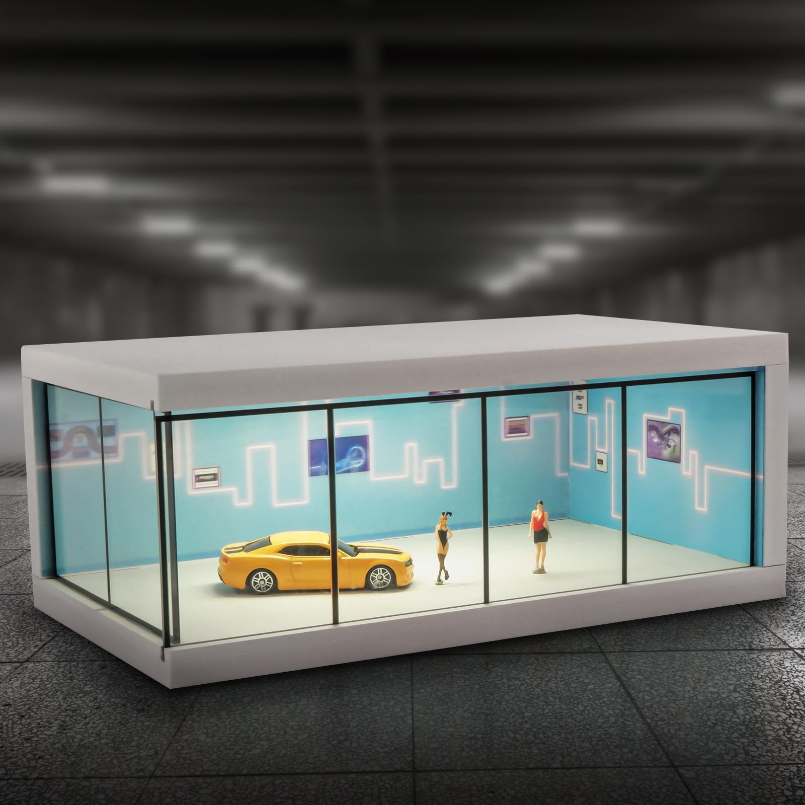 Vitrine für Modellautos aus Druckguss Maßstab 1: 64 mit LED Licht und Acrylabdeckung, Szene, Parkplätze, Dioramen, Aufbewahrung, Garage, Box, Szene, Parkplätze, Dioramen