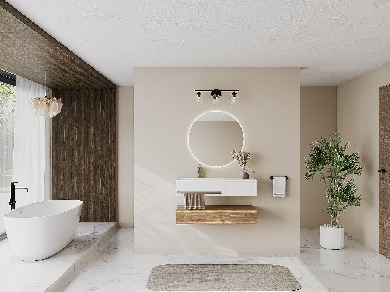 Vente-unique-Lavabo suspendido con encimera de solid surface con toallero - Blanco - Ancho 90 x Prof. 40 x Alt. 17 cm - GANDAKI
