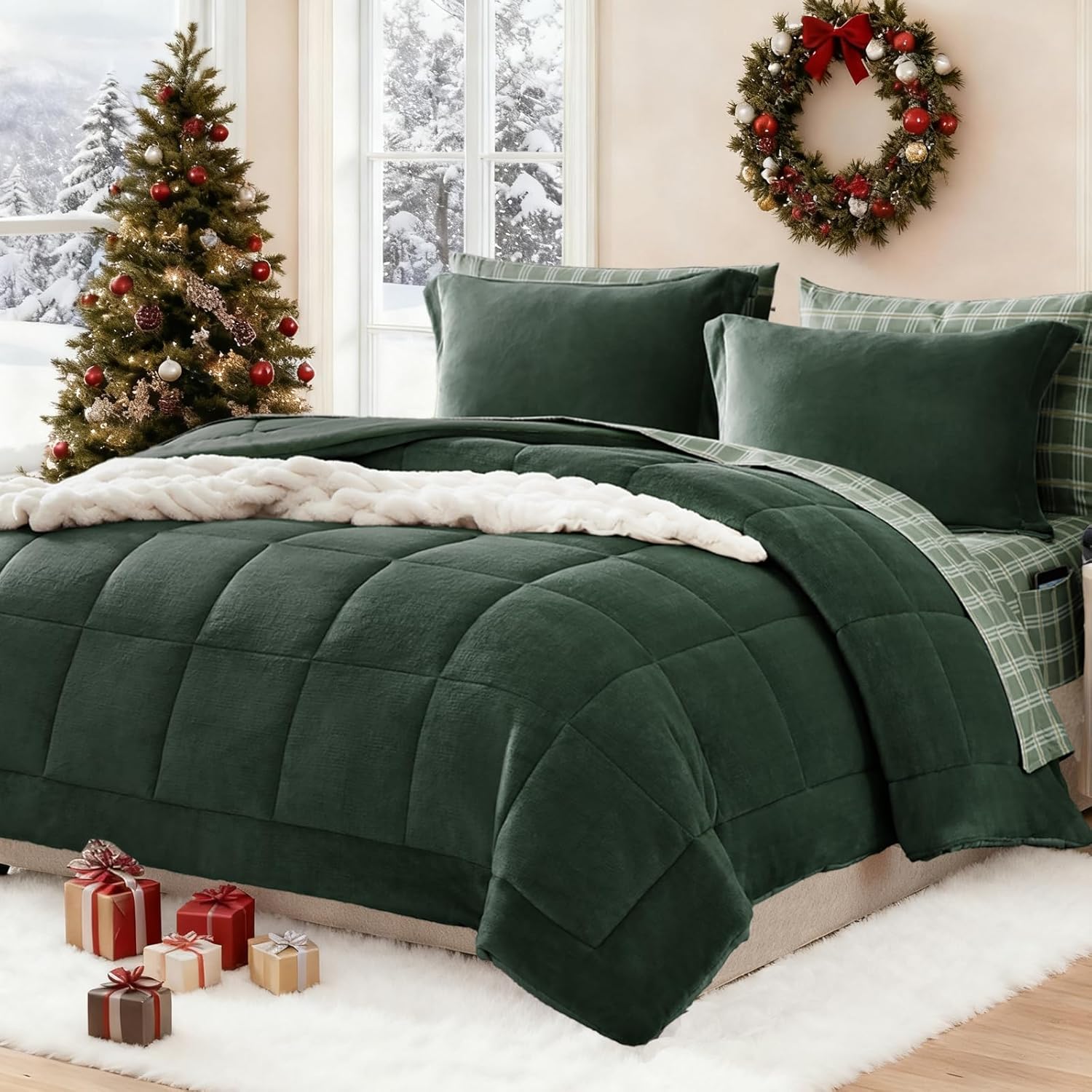 Plush Comforter Set Full Size Dark Green, Flannel Velvet Comforter Sets 7 Pieces Bed in a Bag, Soft Warm Winter Bedding Set with Sheets, Pillowcases & Shams