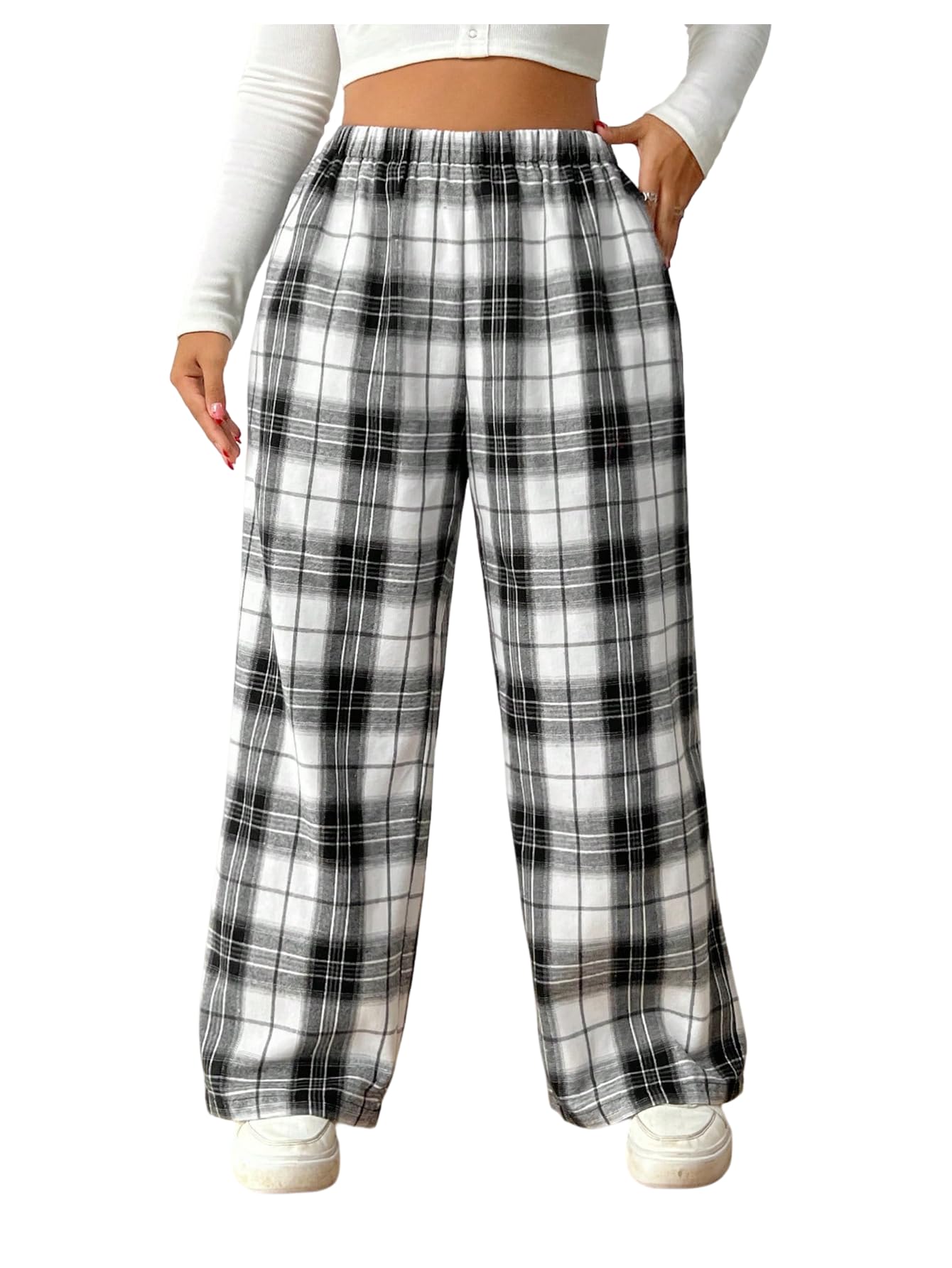 Floerns Womens Plus Size Fall Outfits Plaid Pants Wide Leg Elastic High Waist Straight Long Trousers with Pocket
