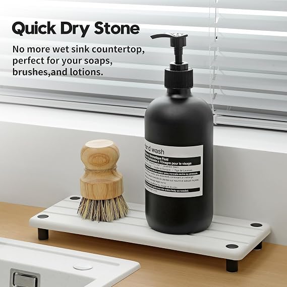 Razborci Instant Dry Sink Caddy Kitchen Sink Organizer, Quick Drying Diatomaceous Earth Stone Sink Tray Sponge Holder Soap Dish, Bathroom Countertop Vanity Dispenser Toothbrush Bottle, White, 10 x 4