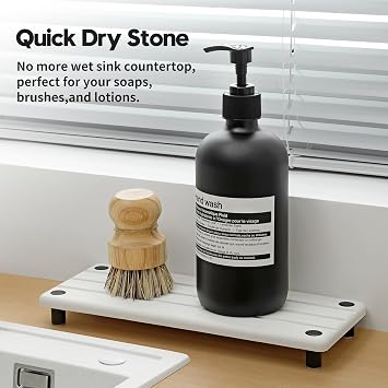 Razborci Instant Dry Sink Caddy Kitchen Sink Organizer, Quick Drying Diatomaceous Earth Stone Sink Tray Sponge Holder Soap Dish, Bathroom Countertop Vanity Dispenser Toothbrush Bottle, White, 10 x 4