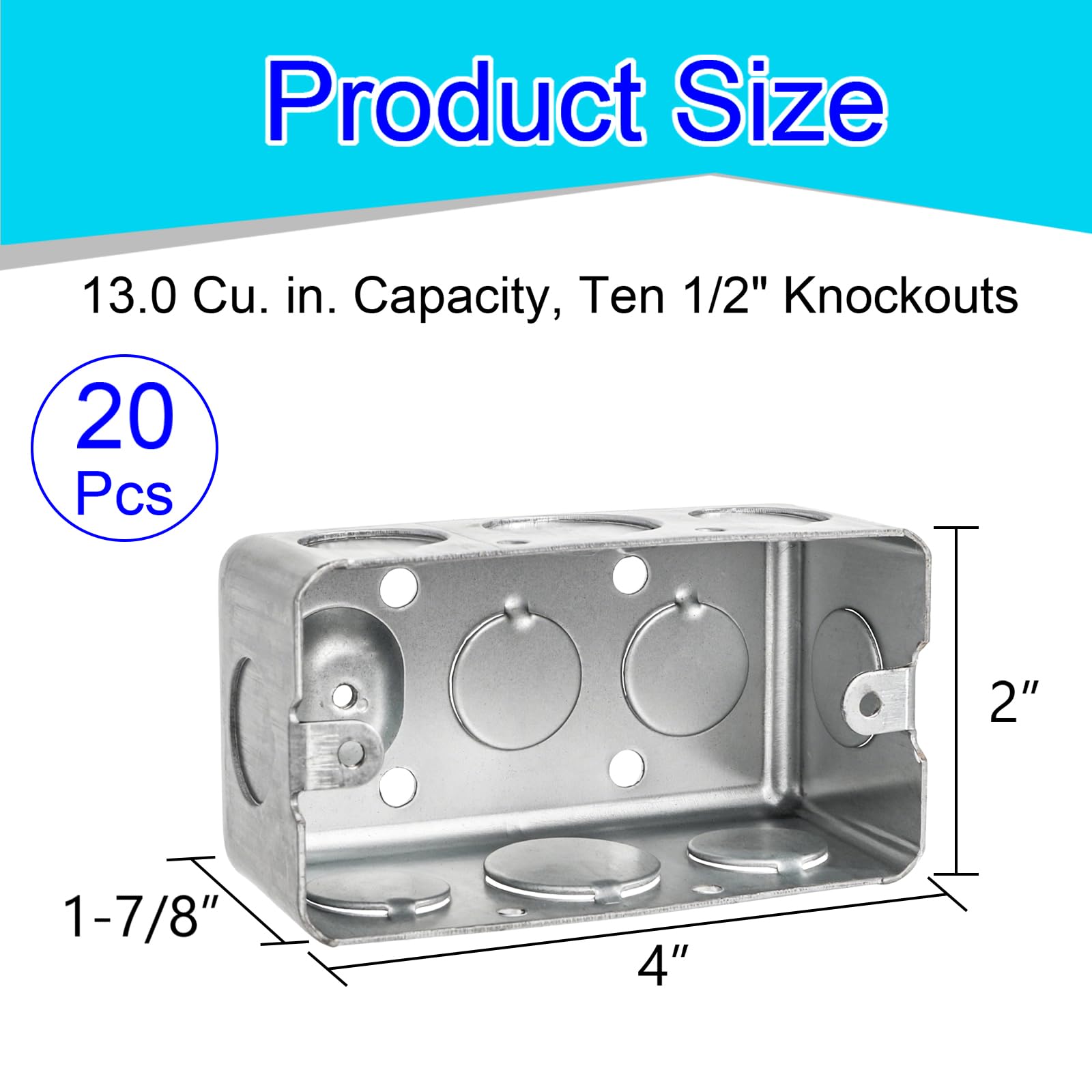 Fasmov 20 Pack Metal Electrical Box, 4" x 2" Utility Electrical Box, 1-7/8" Depth Handy Box, Raised Ground,13 Cu. in. Capacity Square Electrical Junction Box, Galvanized Steel — Amazon image 2