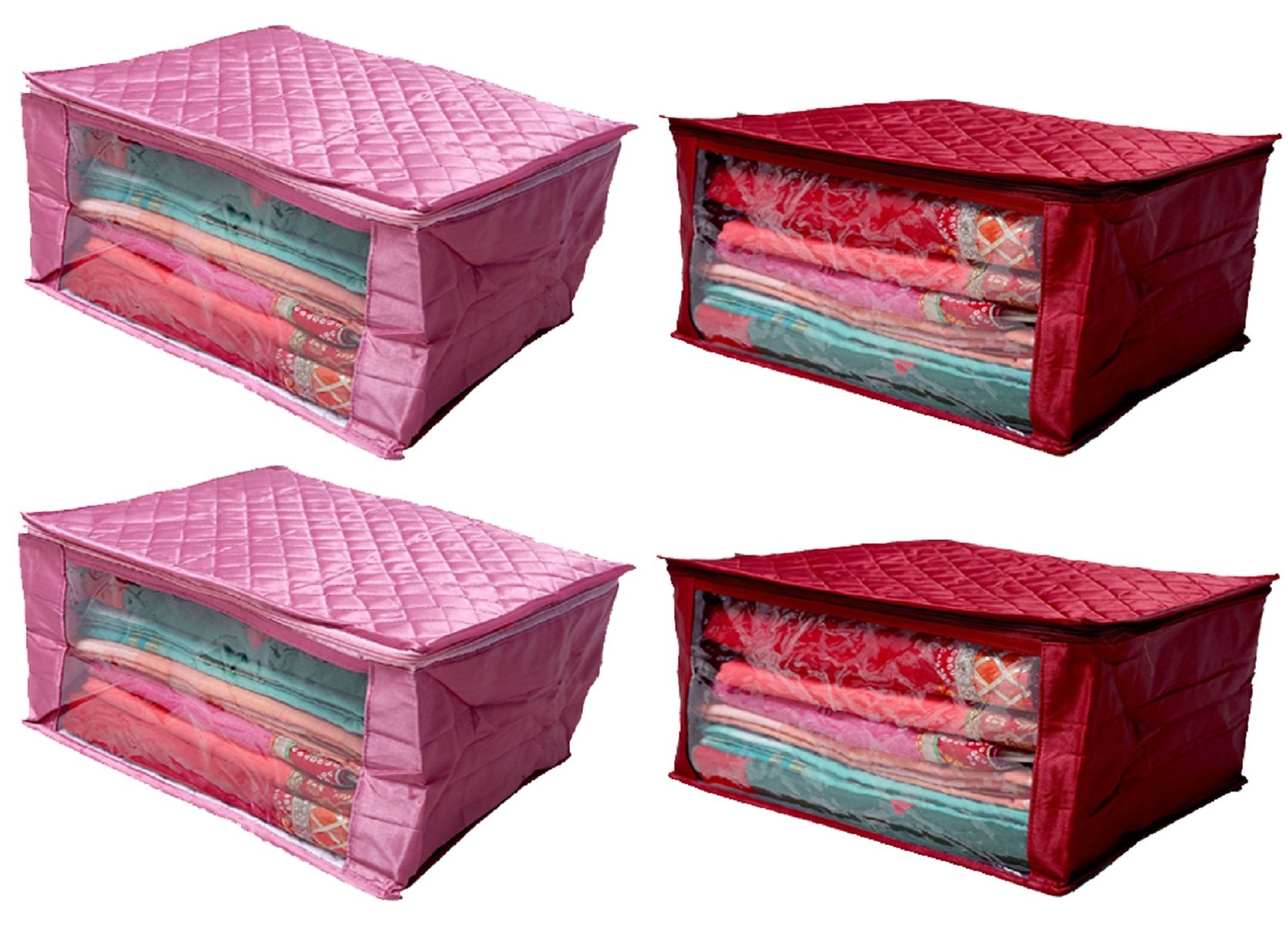 Kuber Industries Quilted 4 Piece Satin Saree Cover Set, Maroon and Pink