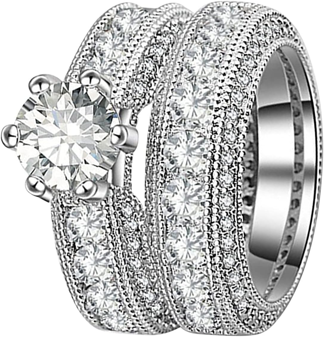 ManRiver 2PC Stackable Rings for Women - Luxury Full Rhinestone Studded Zirconia Wedding Rings Jewelry Gifts Size 5-11 (Silver, 10)
