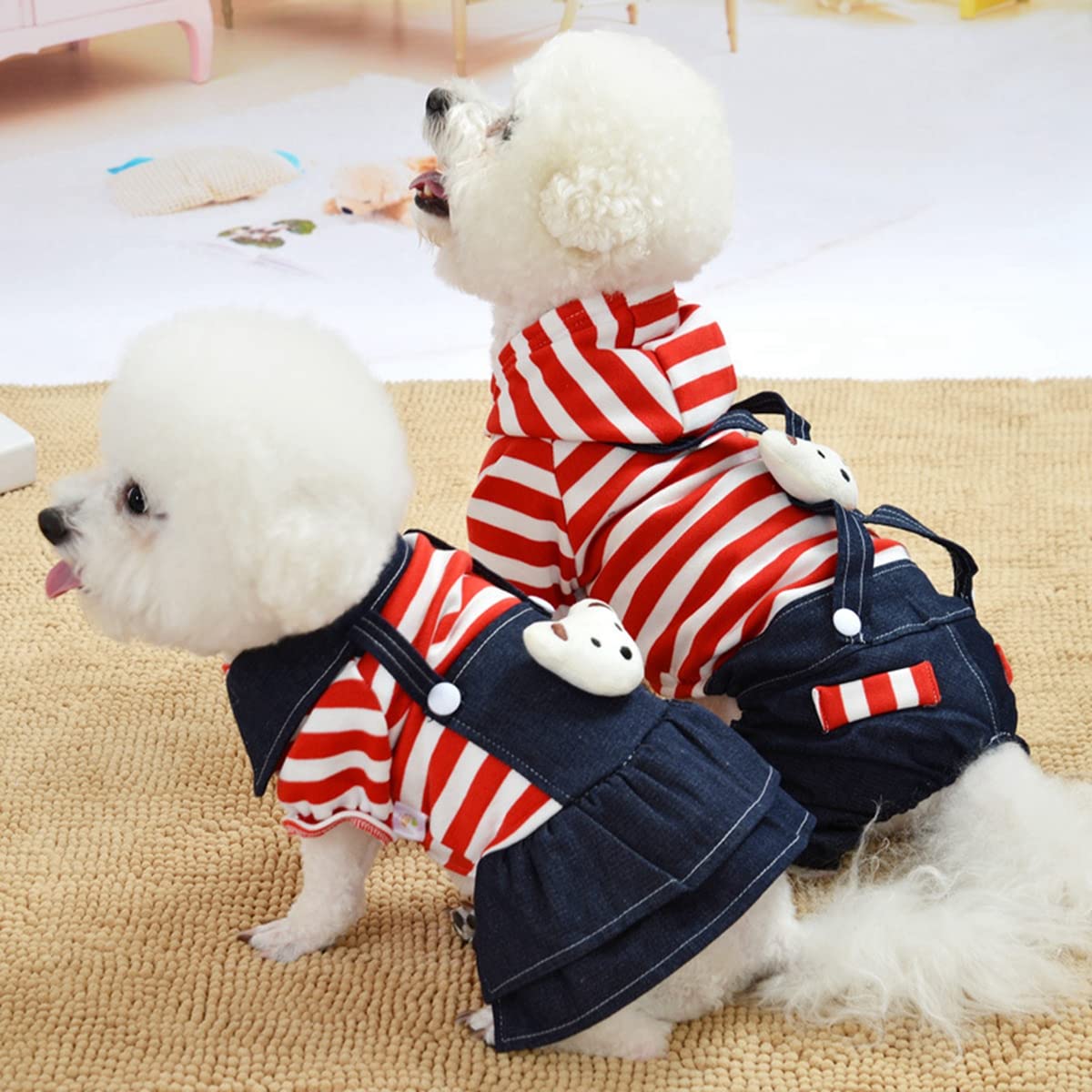 Dog Dress Dog Clothe Dog Costume Doggie Dress Cat Outfits Apparel Striped Denim Skirt Overalls Pet Clothing Teddy Dog Pomeranian Bear Pet Autumn and Winter Small Dog Pet Winter Clothes