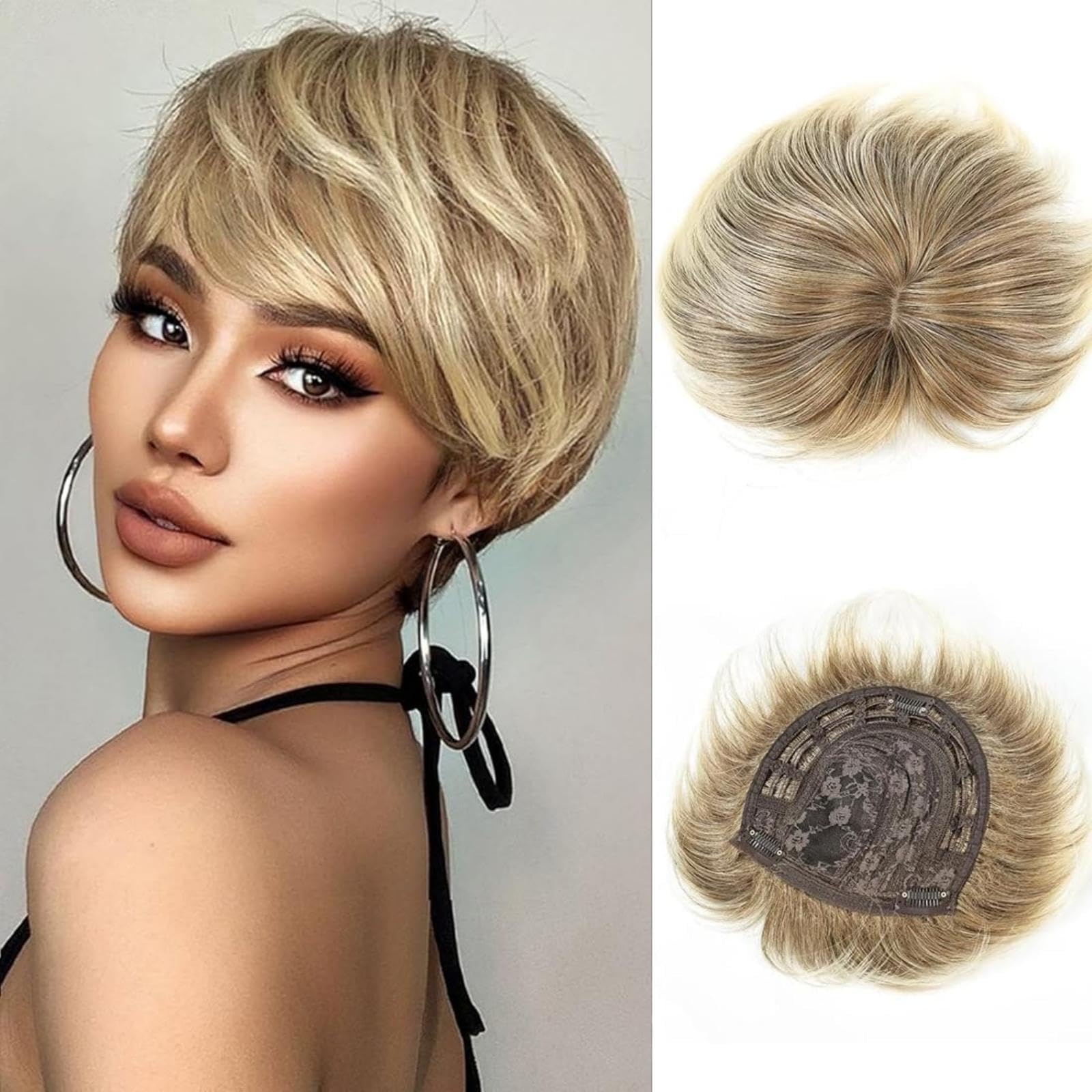 BECUS Blonde Hair Topper 3D Cover Hair Pieces for Women with Thinning Hair Clip-In Short Pixie Cut Toppers 6.5x6 (Blonde Mixed Brown)