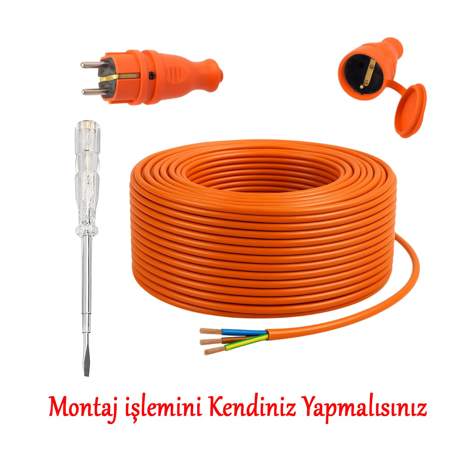 Seyyar 50 Metre Uzatma Kablosu TTR CCA Telli 3x1.5 mm Elektrik Kablo Kontrol Kalem Dişi Erkek Fiş