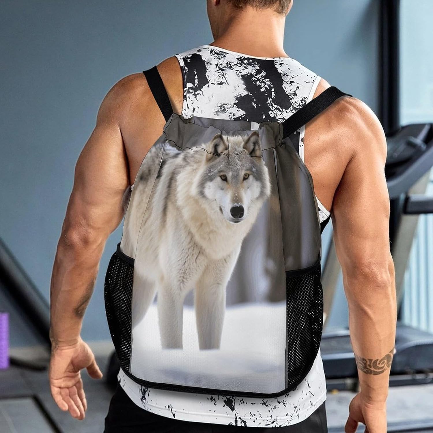 Sports Drawstring Backpack Wolf in The Snow Lightweight Backpack Dry And Wet Separation Large Capacity