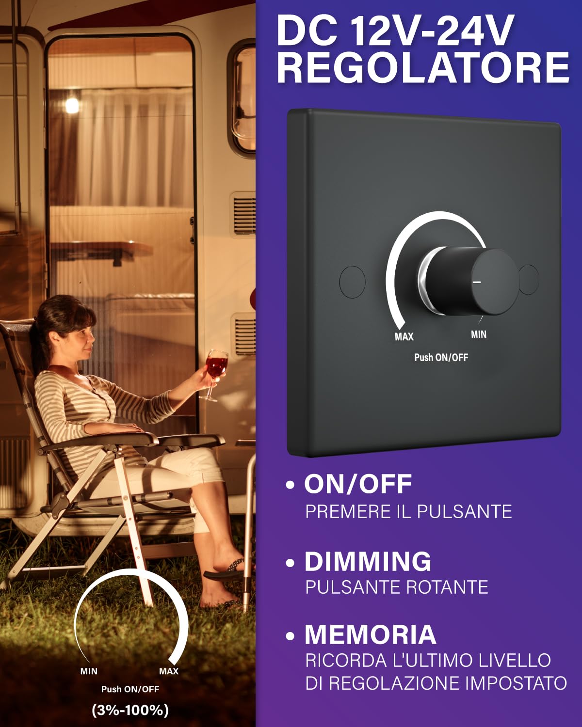 Dimmer PWM LED DC 12V 5A Con Manopola Regolabile, Controller Di Luminosità Per Camper E Auto, Installazione Facile E Silenzioso