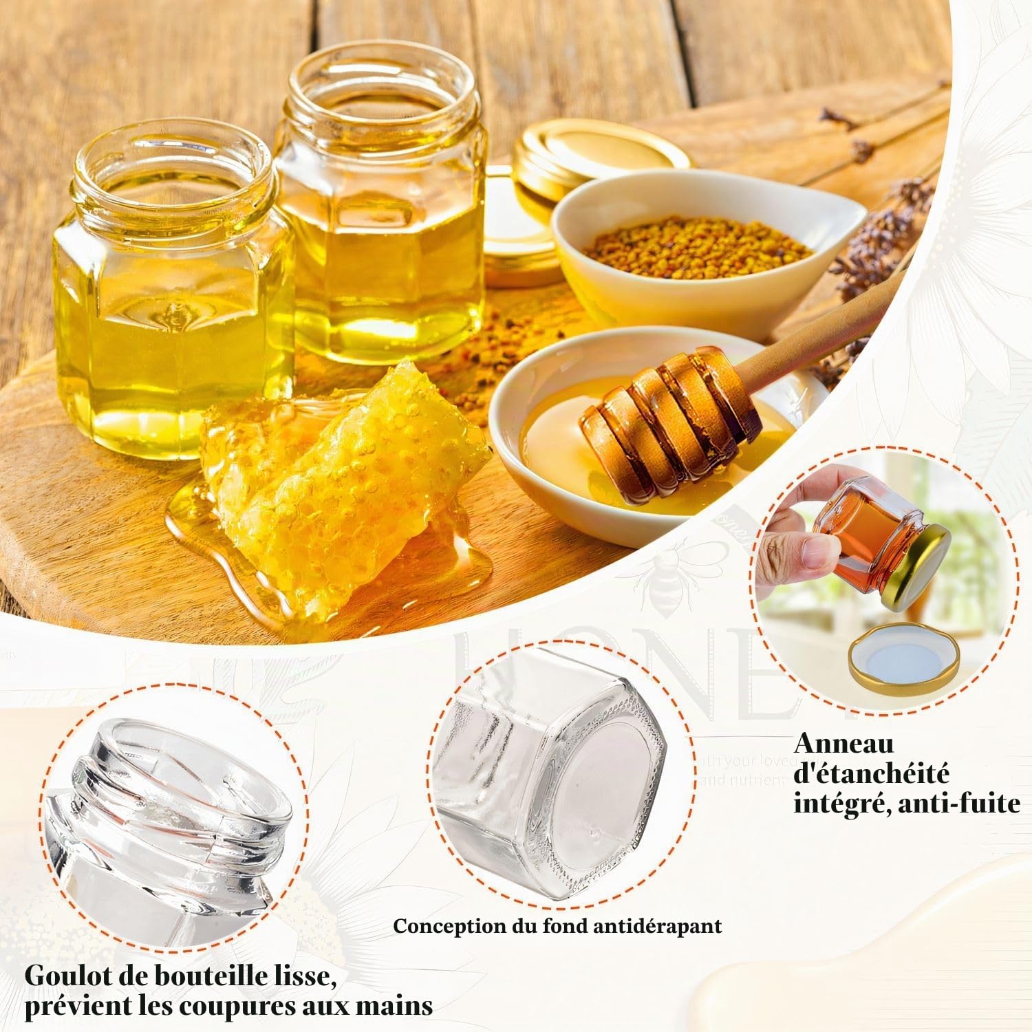 30 Pack 45ml Petits Pots, Mini Pots de Miel,Petites Boites avec Cuillères et Petites Abeilles,Verrine avec Couvercle,Confitures Pot pour Baptême, Cadeau Invites Mariage et Fêtes