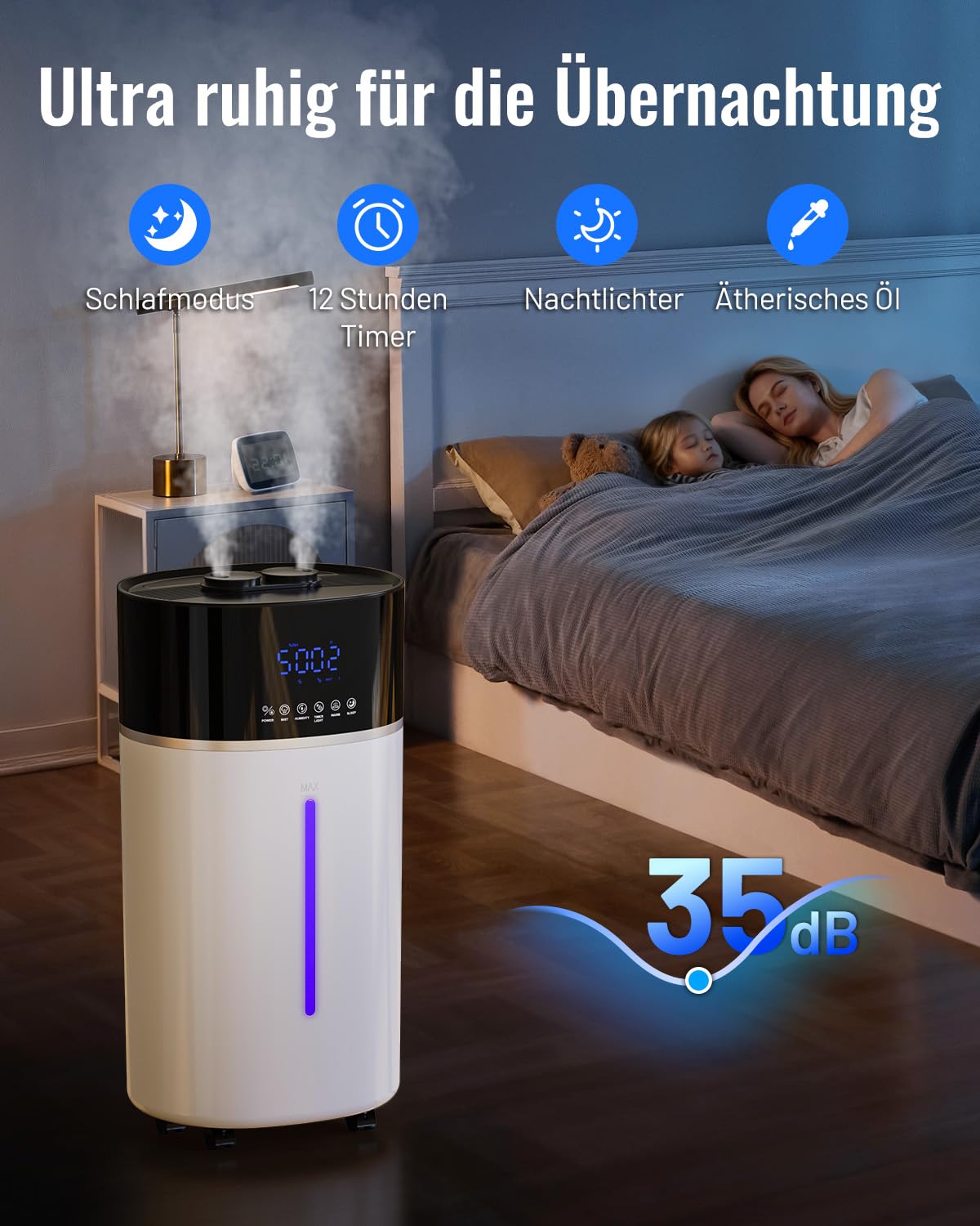 Luftbefeuchter Große Räume 18L, Warme&Kühle Nebel Humidifier bis 200 m² Raumbefeuchter Wohnzimmer, Extended Tube & Doppeldüsen Ultraschall Luftbefeuchter, Schlafzimmer/Büro/Pflanzen/kommerzielle, Weiß