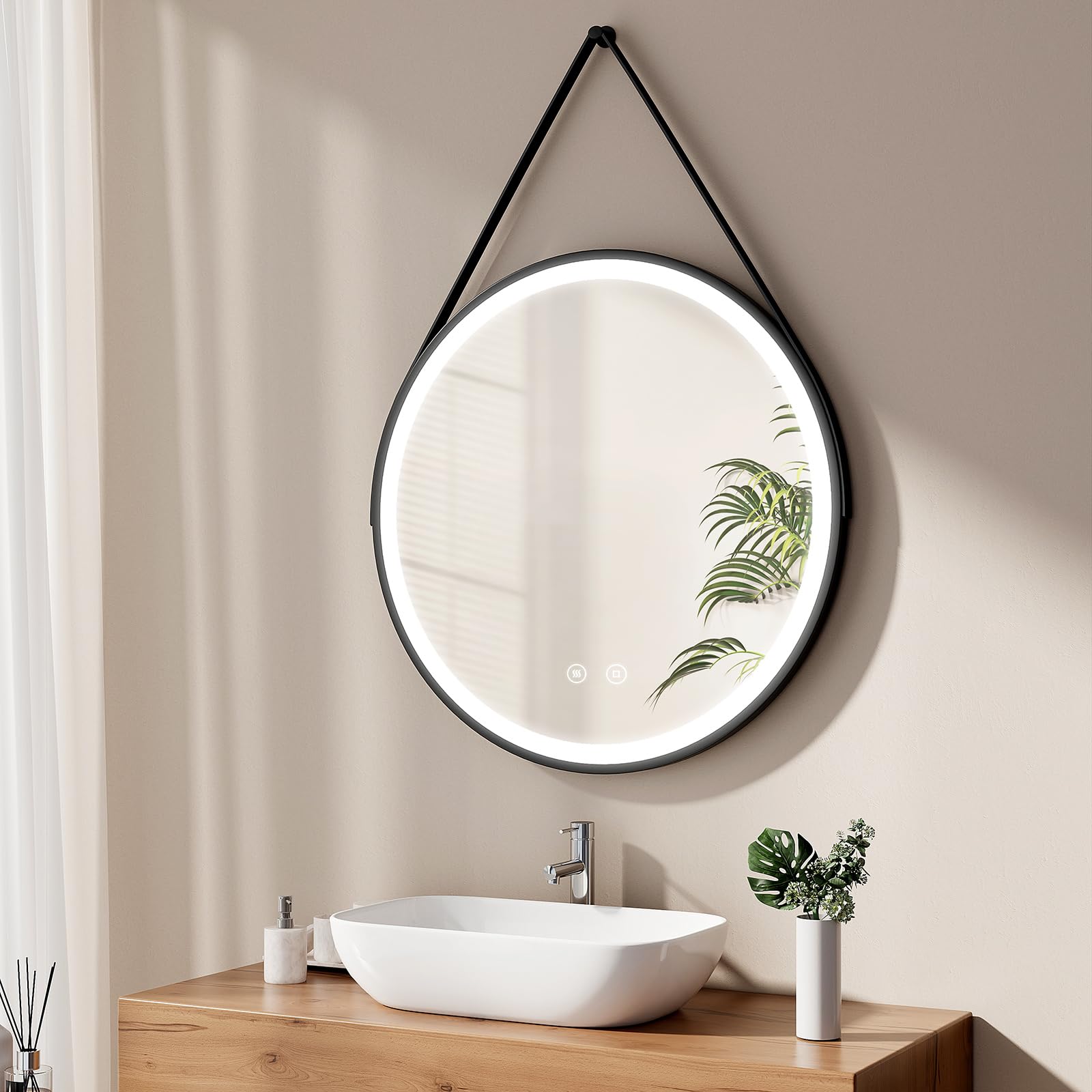 EMKE Espejo de baño Redondo 80 cm, Espejo Redondo Pared con luz, Interruptor táctil y función antivaho, Luz Blanca fría 6500K, Marco Negro y Correa Ajustable