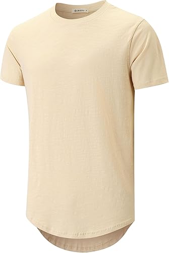 KLIEGOU - Camiseta de algodón slub para hombre, de manga larga 100% camiseta de algodón texturizado Dobladillo curvo Camisa casual de cuello