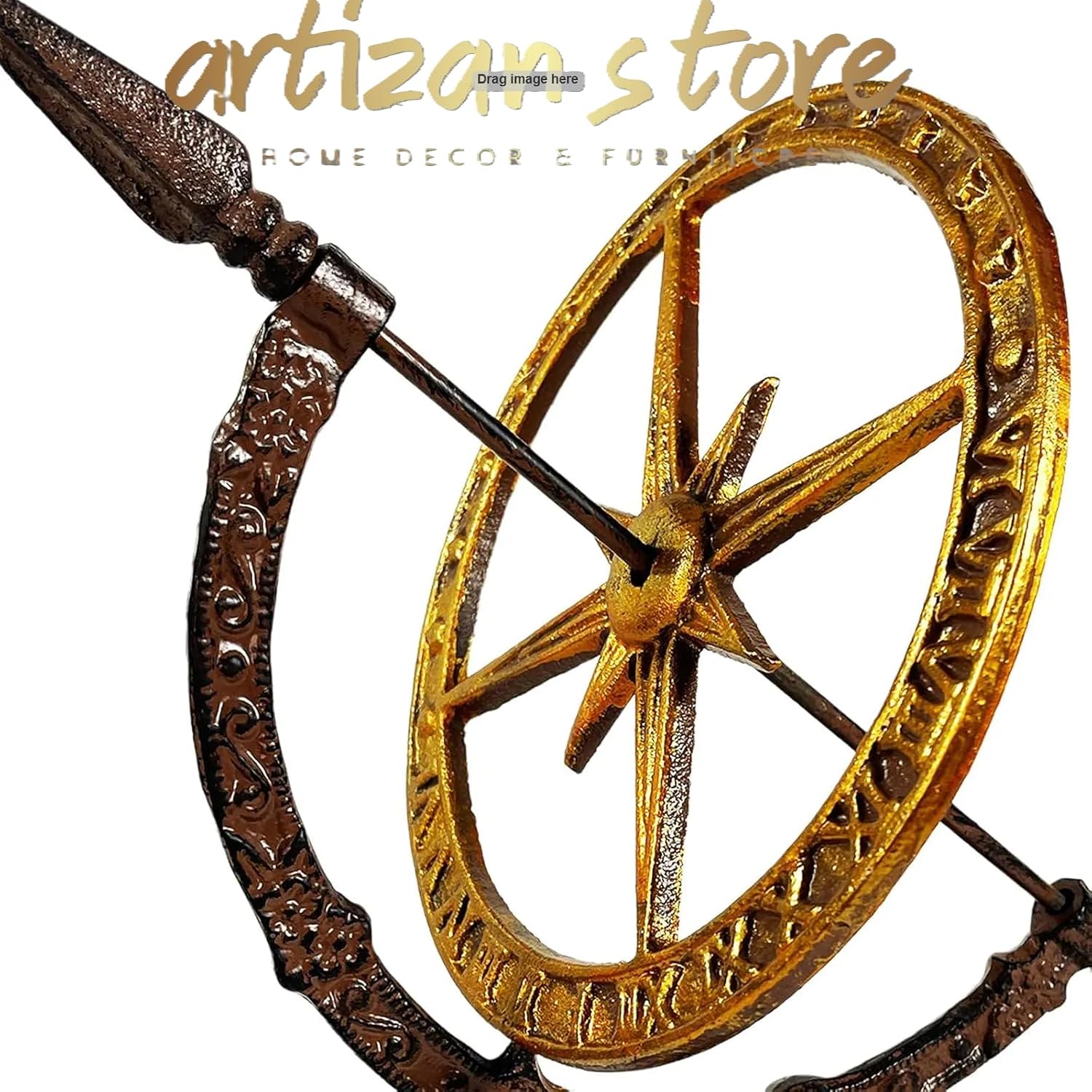 ARTIZANSTORE Iron Armillary Sundial – Rustic Bronze & Gold Roman Numeral Decor | Vintage Celestial Garden Sculpture