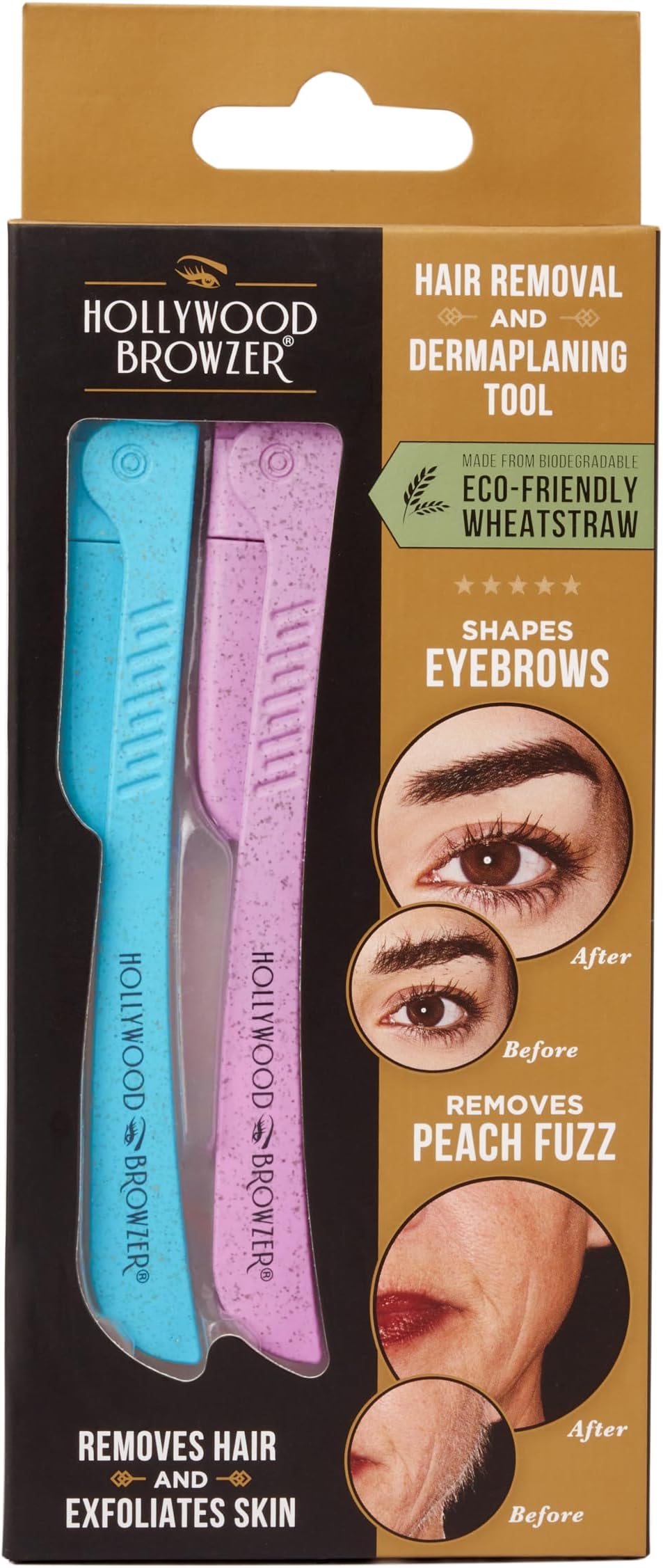 Hollywood BrowzerDermaplaning Razor Tool for Face - Eyebrow Shaping - Removing Unwanted Hair and Peach Fuzz - Exfoliating Tool for Women - Face Razor for Women - Duo Pack (Blue Opal and Rose Quartz)
