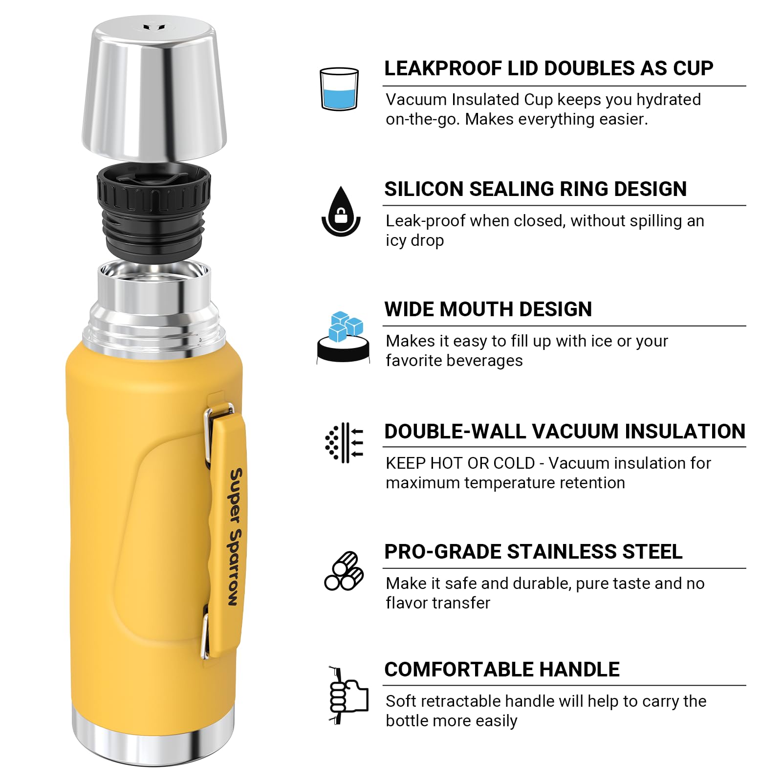 Super Sparrow Stainless Steel Water Bottle - 2L - Wide Mouth Vacuum Insulated Flask - BPA-Free ThermosBottle - Leakproof Lid Doubles as Cup - Image 2